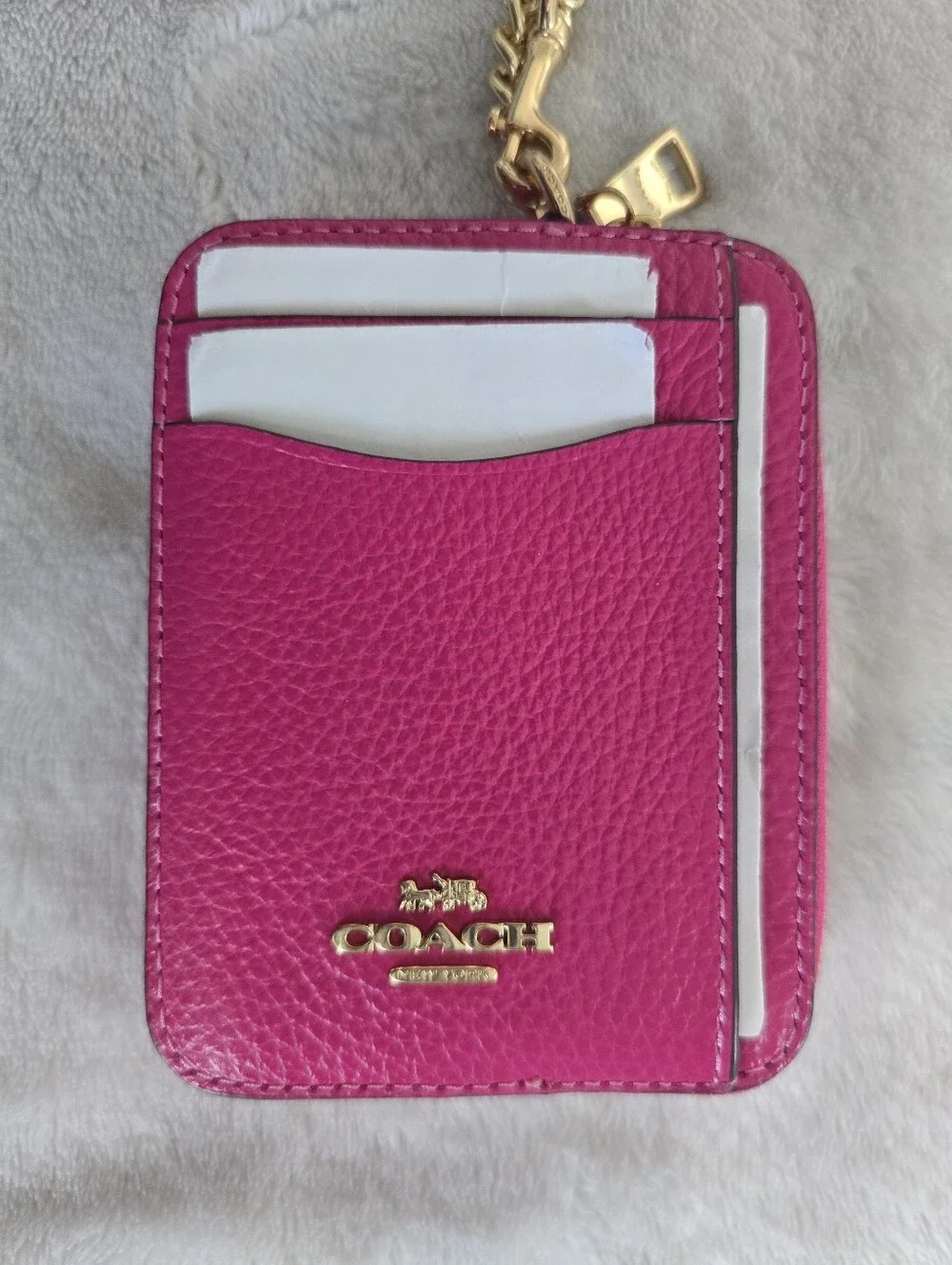 COACH Bold Pink Leather Card Case with Gold Chain